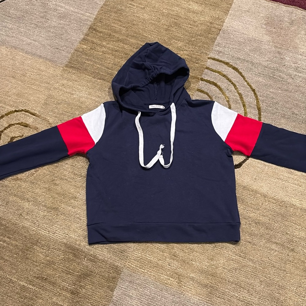 ~Hearts & Hips Red, White & Blue Color Block Cropped Hooded Sweatshirt